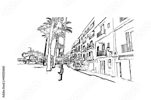 Building view with landmark of Ibiza town is the capital of Ibiza. Hand drawn sketch illustration in vector.