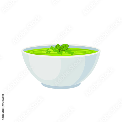 Vector Bowl of Green Cream Soup, Vegetable Soup Icon Isolated on White Background, Colorful Illustration.

