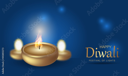 Realistic illuminated oil lamps on blurred bokeh background for Diwali festival. Festival of Lights 2021, Flying Lanterns and Fireworks. Realistic vector