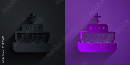 Paper cut Ark of noah icon isolated on black on purple background. Wood big high cargo. Paper art style. Vector