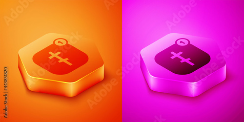Isometric Online church pastor preaching video streaming icon isolated on orange and pink background. Online church of Jesus Christ. Hexagon button. Vector