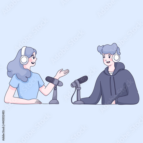 boy and girl are podcasting illustration.