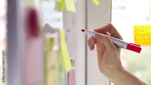 Business woman's hand writes a note with a marker on a white board using on the paper stickers post. Brainstorming, teamwork. 