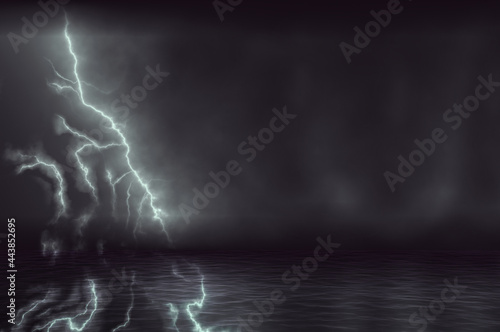 Lightning and sea surface. Dark night. Dramatic background.