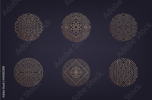 Vector set of art deco linear circles, linear round symbols, decorative design templates, monogram luxury logos. Geometric