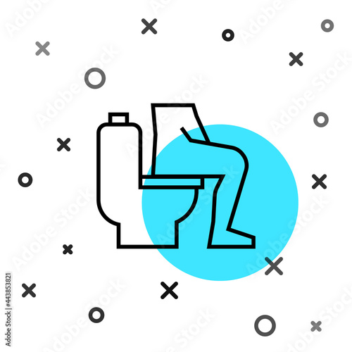 Black line Men sitting on the toilet and Constipation are experiencing severe abdominal pain icon isolated on white background. Random dynamic shapes. Vector
