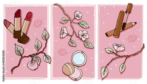 cosmetic set doodle lipstick blush powder mascara pencil eyeliner pink brown green lips kiss apple tree flowers leaves cosmetic bag triptych horizontal banner art