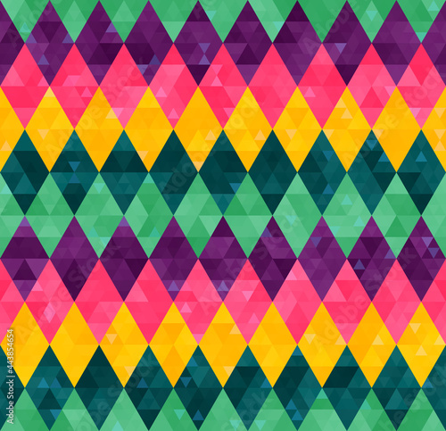 Abstract geometric seamless harlequin pattern from rows of rhombuses in green, yellow, pink and purple colors. Mardi Gras holiday poster backdrop, design, wallpaper, packaging, wrapping paper, cover.