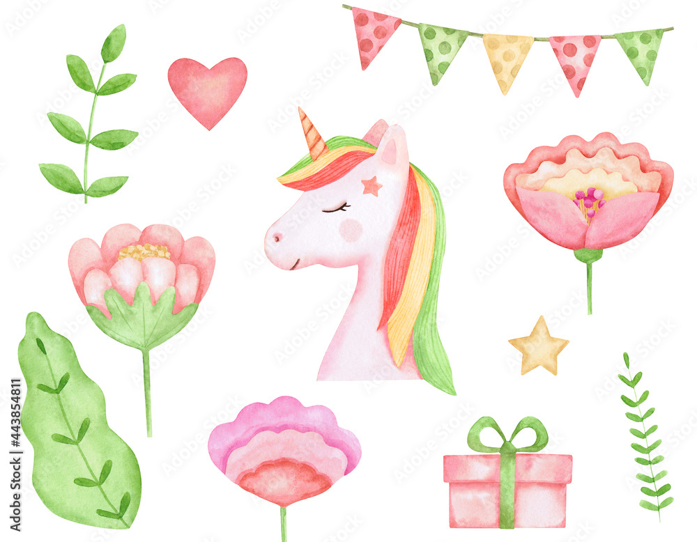 A watercolor set with a unicorn, flowers, twigs, a gift and a garland. Clip art for the design of children's greeting cards, posters and textiles