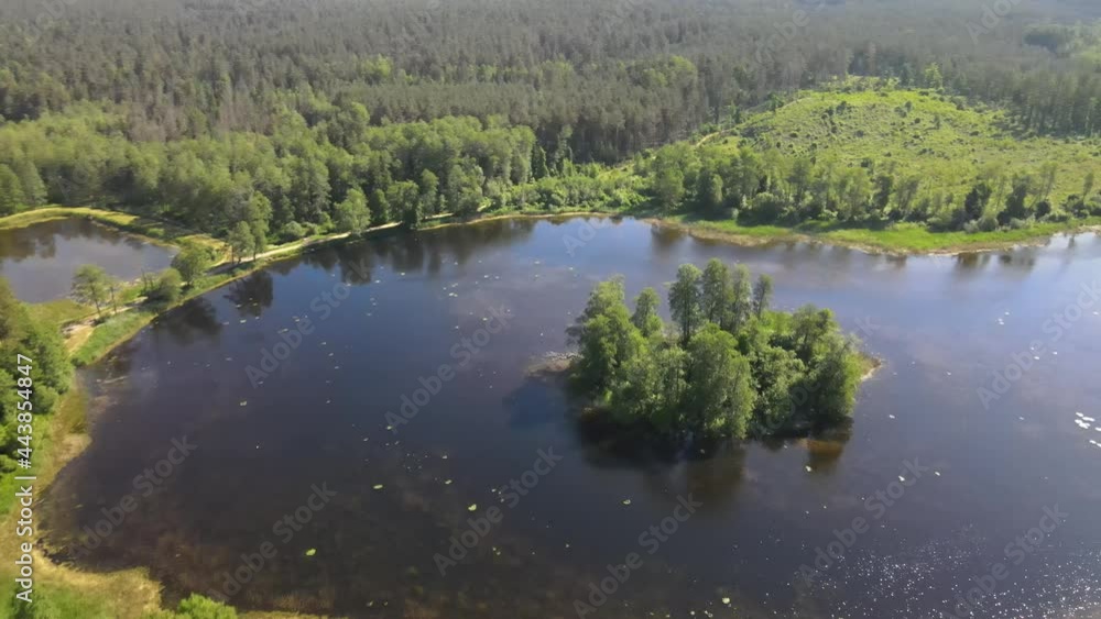 The view from the drone over the forest areas and the lake nestled among green trees.There is a small island on the lake and a small river flows through the lake The view from the drone over the forest areas and the lake nestled among green trees.There is a small island on the lake and a small river flows through the lake