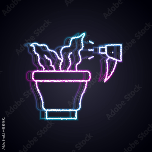 Glowing neon line Spraying a house plant with a spray gun icon isolated on black background. Moistening of foliage. Care for home flowers. Vector