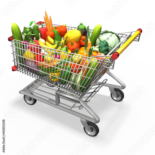 3d Einkaufswagen, Warenkorb mit Gemüse und Obst, isoliert