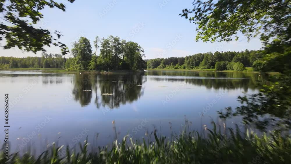 The view from the drone over the forest areas and the lake nestled among green trees.There is a small island on the lake and a small river flows through the lake The view from the drone over the forest areas and the lake nestled among green trees.There is a small island on the lake and a small river flows through the lake