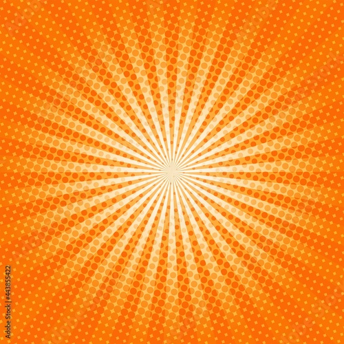 Orange Sunburst Pattern Background. Sunburst with rays background. Vector illustration. Orange radial background. Halftone background.