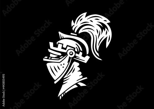Vector logo knight head in helmet with feathers on black background. Line art flat style design of medieval knight head