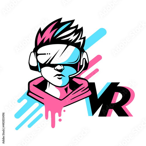Vector red and blue logo man head with virtual reality helmet on white background with letter vr. Line art flat style design of vr user