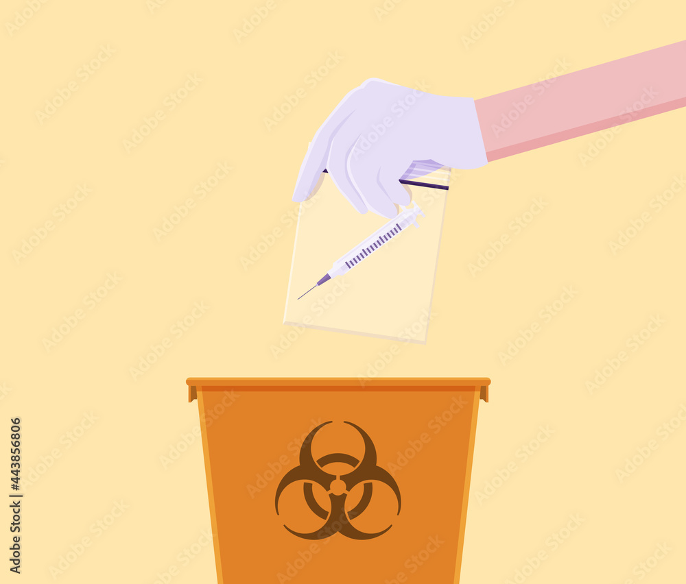 Vetor de Doctors are throwing used syringes into the chemical waste bin