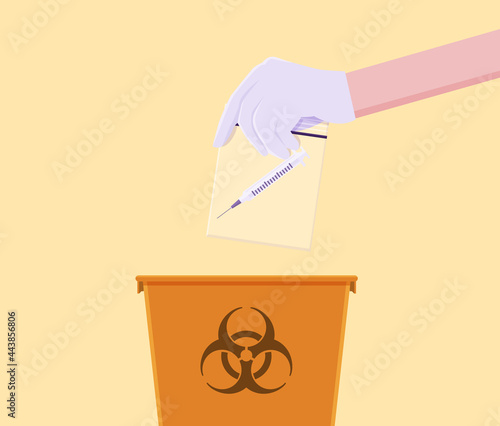 Doctors are throwing used syringes into the chemical waste bin.
Illustration about throw away the syringe.