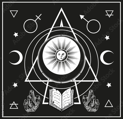 sun, moon, magical vector illustration, spell book, crystals,tarot cards symbol, alchemy