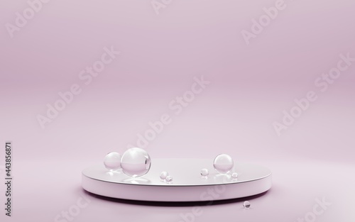 Empty podium with water drops or air bubbles on isolated pink background. Mock up abstract geometric stage, platform with soap spheres for product ad presentation cosmetics. Realistic 3d illustration