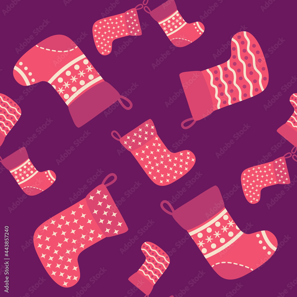 Christmas seamless pattern with red Christmas socks with snowflakes, specks Christmas seamless pattern with red Christmas socks with snowflakes, specks