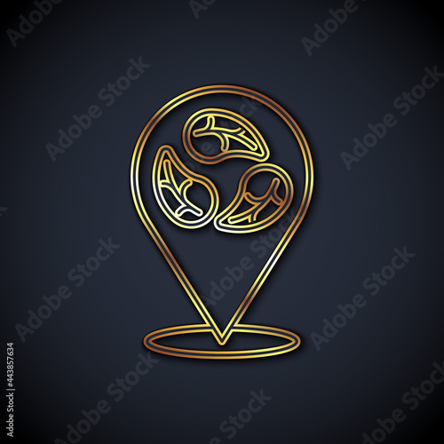 Gold line Vegan food diet icon isolated Gold line background. Organic, bio, eco symbol. Vegan, no meat, lactose free, healthy, fresh and nonviolent food. Vector
