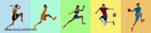 Photos Collage of five professional sportsmen, fit people in action and motion isolated on multicolored background
