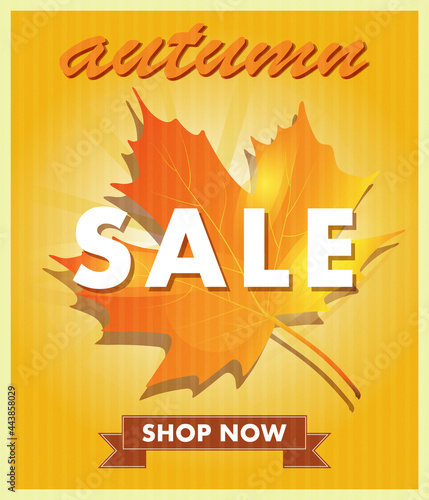 the poster. there is a large maple leaf on a yellow background. Autumn sale.