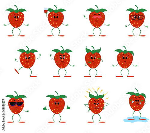 Cartoon red strawberry character emotion set  isolated on white. Cute orange vegetable  fruit mascot. Vector illustration.