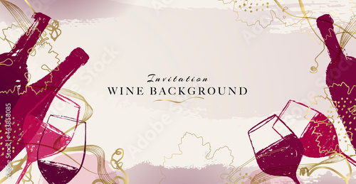 Elegant wine background design. Modern illustration wine glass and bottle with golden details.
