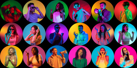 Portrait of group of people on multicolored background in neon light, collage. Photos in a round frame