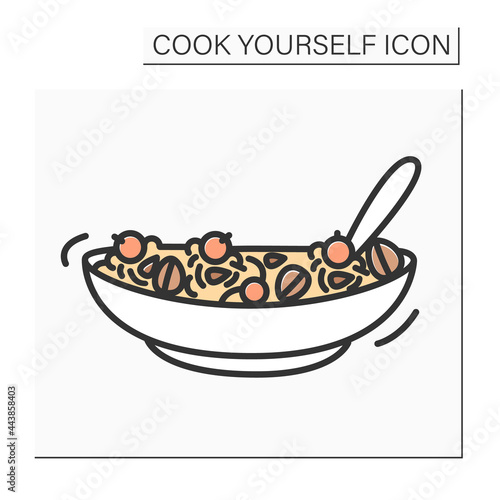 Granola color icon.Healthy breakfast yogurt or milk bowl with granola and fruits.Homemade granola recipe. Isolated vector illustration