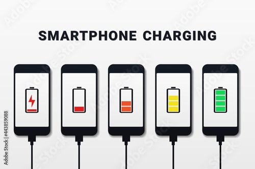 Smartphone with battery charge level indicators and USB connection. Mobile phone charging. Illustration vector