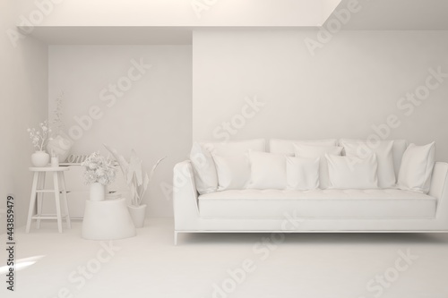 Mock up of stylish room in white color with sofa. Scandinavian interior design. 3D illustration