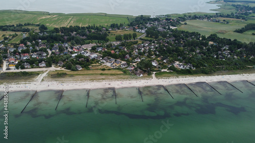 Aerial view of municipality Ahrenshoop in the Vorpommern-Rügen district, in Mecklenburg-Vorpommern, Germany on the Fischland-Darß-Zingst peninsula of the Baltic Sea