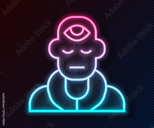 Glowing neon line Wizard warlock icon isolated on black background. Vector