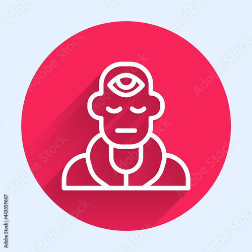 White line Wizard warlock icon isolated with long shadow. Red circle button. Vector