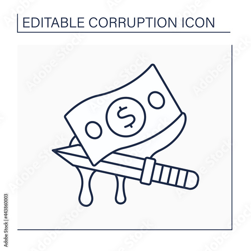  Bloody money line icon. Money obtained at the cost of people lives. Bloodwit. Compensation paid by an offender to victim family. Corruption concept. Isolated vector illustration. Editable stroke