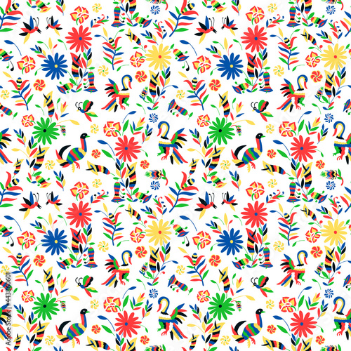 Seamless pattern with animal and floral ornament in the style of Mexican otomi embroidery photo