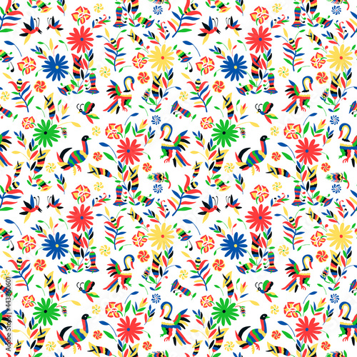 Seamless pattern with animal and floral ornament in the style of Mexican otomi embroidery