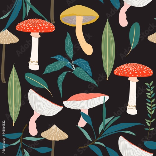 Seamless autumn pattern with leaves, berries, mushrooms and branches. Illustration on black background.