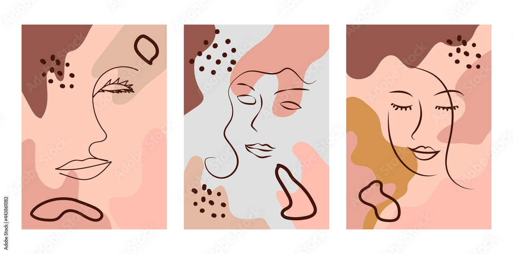Set of Woman's Face continuous Line art. Abstract Contemporary collage of geometric shapes in a modern trendy style. Portrait of a female For Beauty Concept. Set of Woman's Face continuous Line art. Abstract Contemporary collage of geometric shapes in a modern trendy style. Portrait of a female For Beauty Concept.