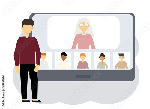 Online conference illustration. A man next to a computer with portraits of men and women