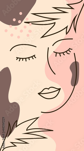 modern poster with illustration of portrait and tropical leaf one line. For wallpaper, posters, textile print, greeting card template, social media post