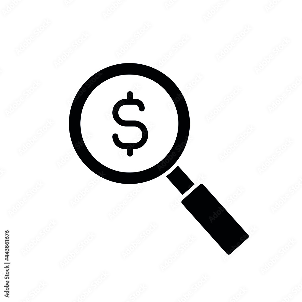 Magnifying glass glyph icon. Investment. Vector fill black illustration. Magnifying glass glyph icon. Investment. Vector fill black illustration.