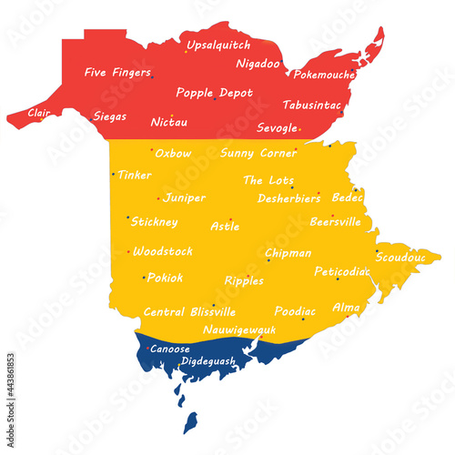 Unique names of small towns in the province of New Brunswick, Canada map