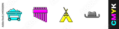 Set Coal mine trolley, Pan flute, Indian teepee or wigwam and Western cowboy hat icon. Vector
