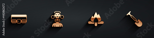 Set Hunting cartridge belt, African tribe male, Campfire and Shovel icon with long shadow. Vector