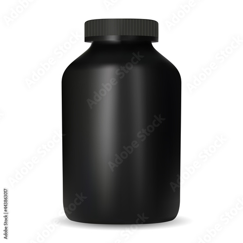 Creatine nutrition jar. Black design protein container mockup. Sport supplement pill tub template. Casein gainer can with screw cap, round vector blank. Fitness drug pack, muscle workout