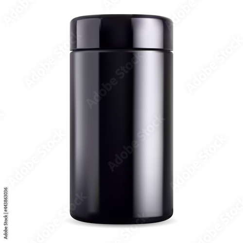 Black jar mock up. Black glass bottle, supplement tin. Glossy plastic sport packaging, vector tea container. Mens cosmetic beauty package, body cream, salt or scrub